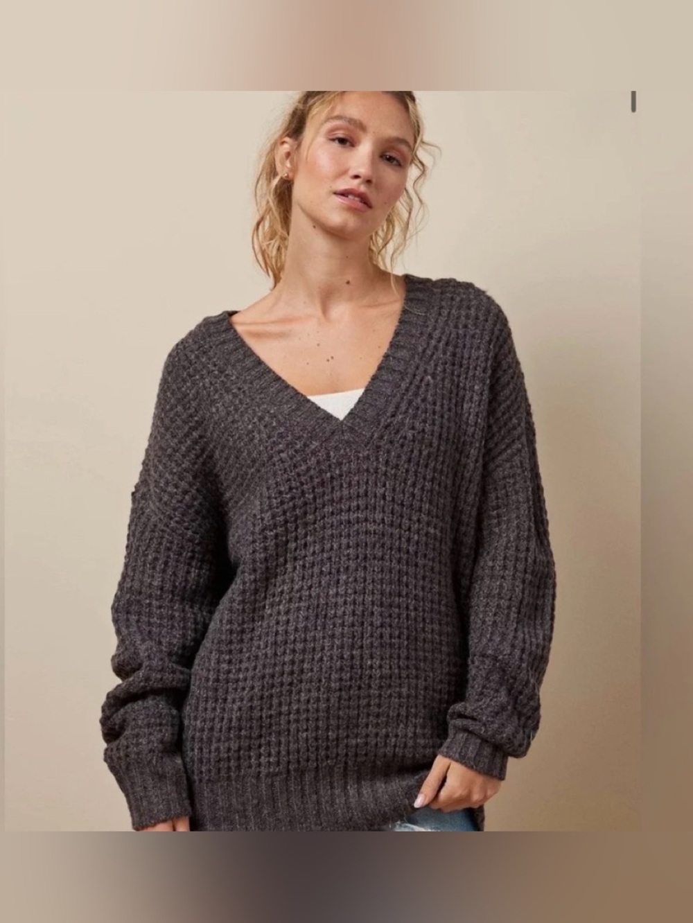 American Eagle Outfitters Charcoal V Neck Cozy Knit Sweater Very Oversized S